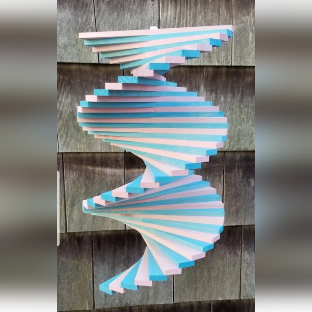Wooden Wood Spinner Stained blue Pink color twister Windmill Windchime summer
